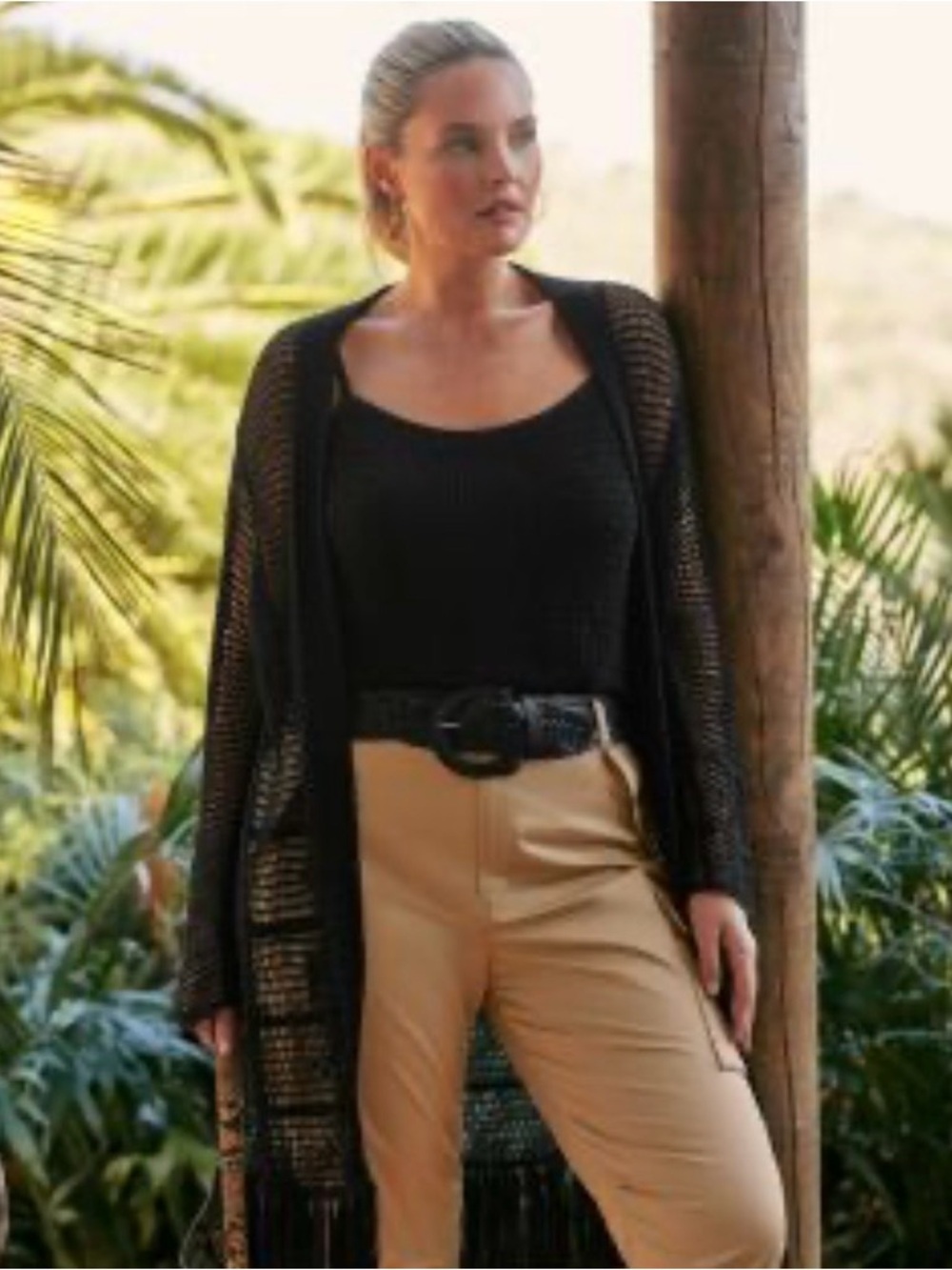 Lauren Ralph Lauren Pointelle-Knit Black Open-Knit Fringe Cardigan, Medium - Picture 9 of 9